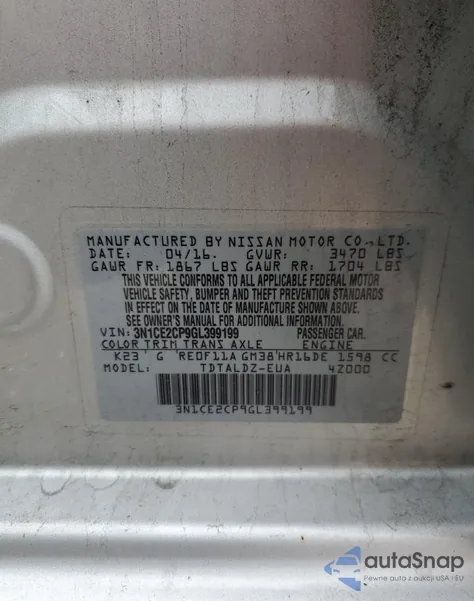 2016 Nissan Versa Note S z USA, uszkodzony, nr VIN 3N1CE2CP9GL399199